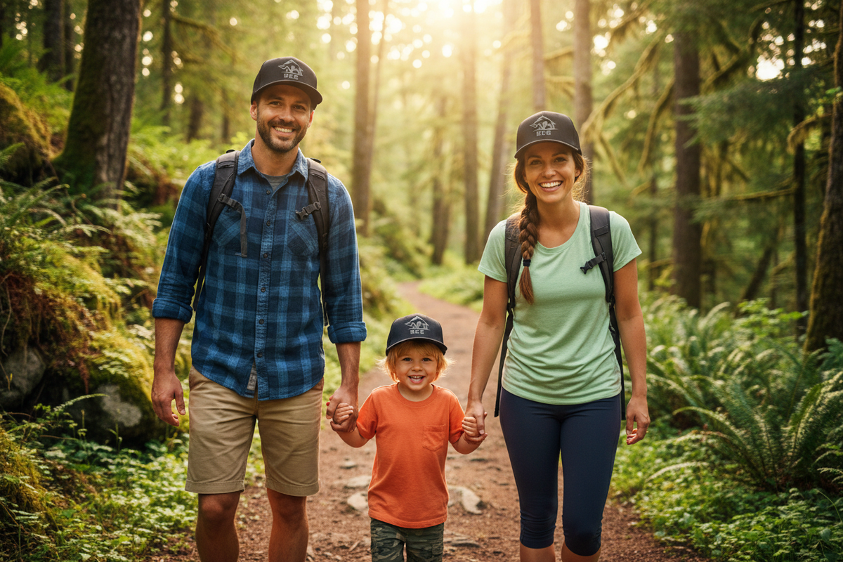 Family all wearing BEG trucker hats on forest trail